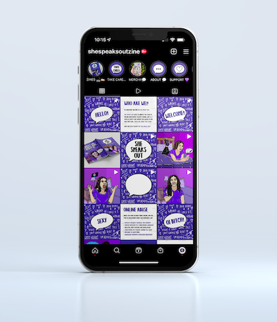The She Speaks Out instagram feed is pictured on a smartphone