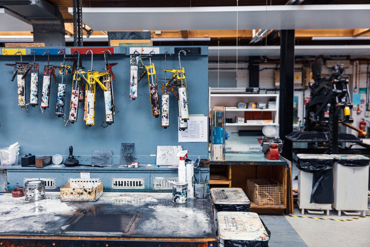 Equipment hung up in the Farnham Print Room